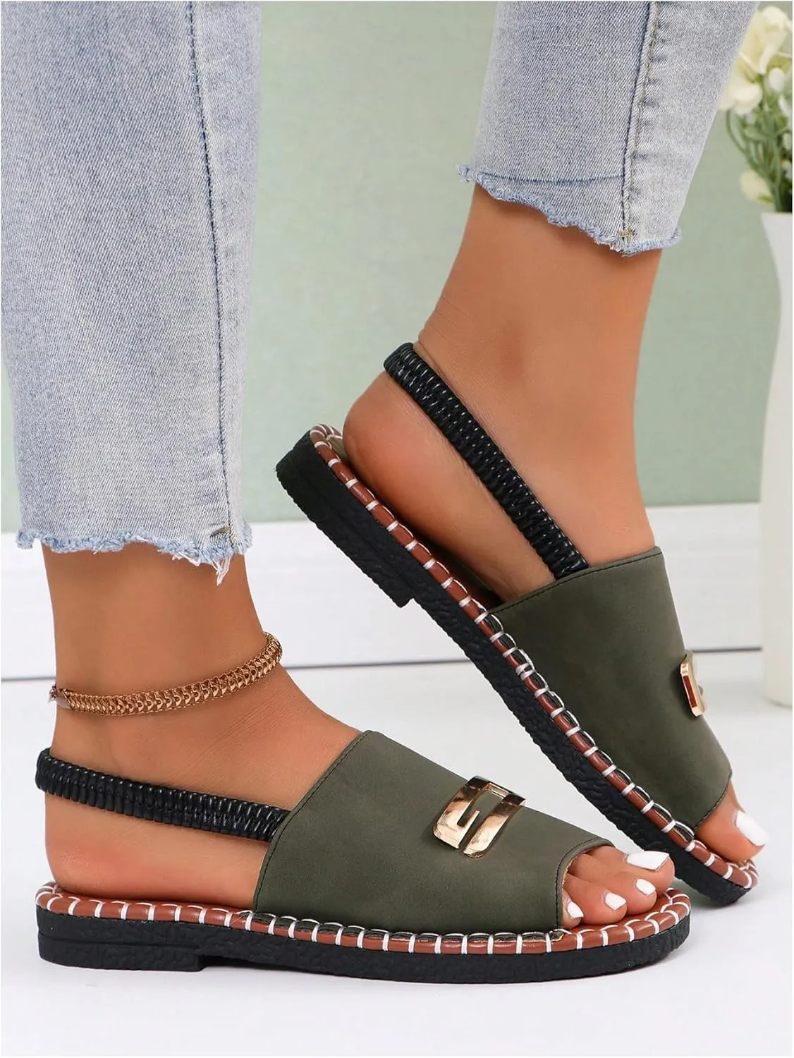 GORGLITTER Women's Metal Summer Sandals Open Toe Dressy Flat Slides with Back Strap