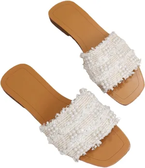 GORGLITTER Women's Summer Beach Flat Cute Sandals 2025 Color Block Faux Pearls Decor Leather Flat Slides