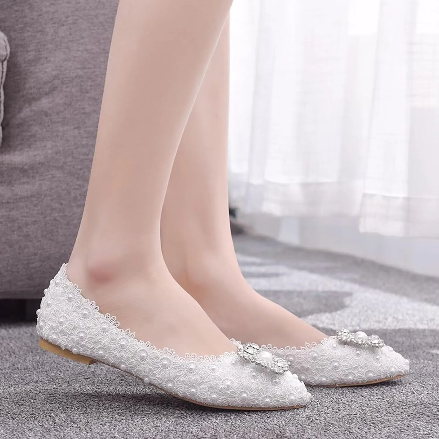 HNVAVQ Womens Bridal Shoes Pearl Lace Rhinestone Ladies Ballet Flats Bride Bridesmaid Slip On Pumps Pointed Toe Wedding Evening Shoes White