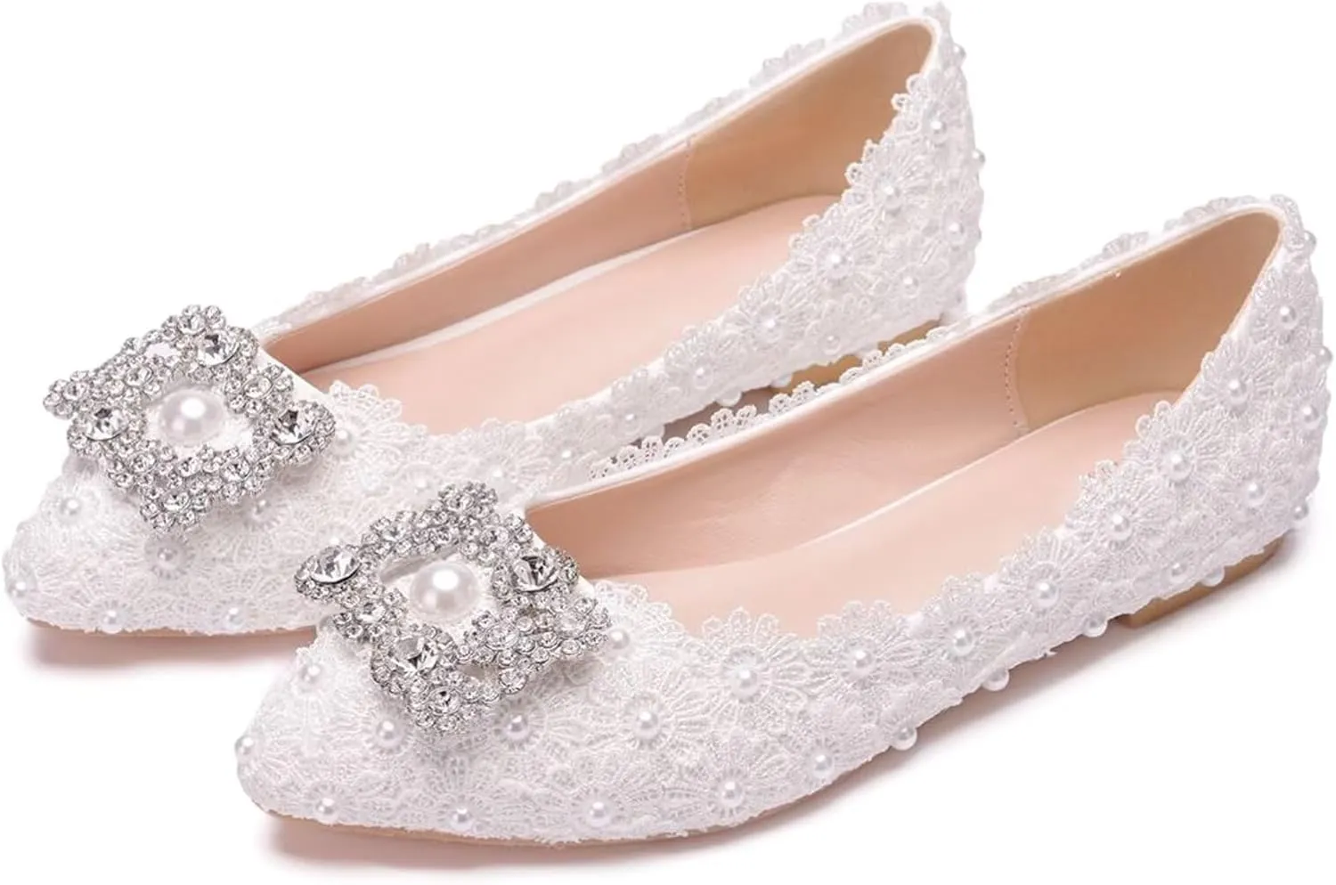 HNVAVQ Womens Bridal Shoes Pearl Lace Rhinestone Ladies Ballet Flats Bride Bridesmaid Slip On Pumps Pointed Toe Wedding Evening Shoes White