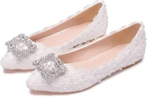 HNVAVQ Womens Bridal Shoes Pearl Lace Rhinestone Ladies Ballet Flats Bride Bridesmaid Slip On Pumps Pointed Toe Wedding Evening Shoes White