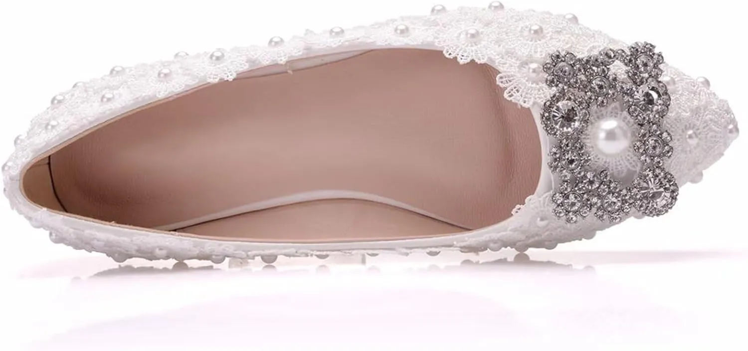 HNVAVQ Womens Bridal Shoes Pearl Lace Rhinestone Ladies Ballet Flats Bride Bridesmaid Slip On Pumps Pointed Toe Wedding Evening Shoes White