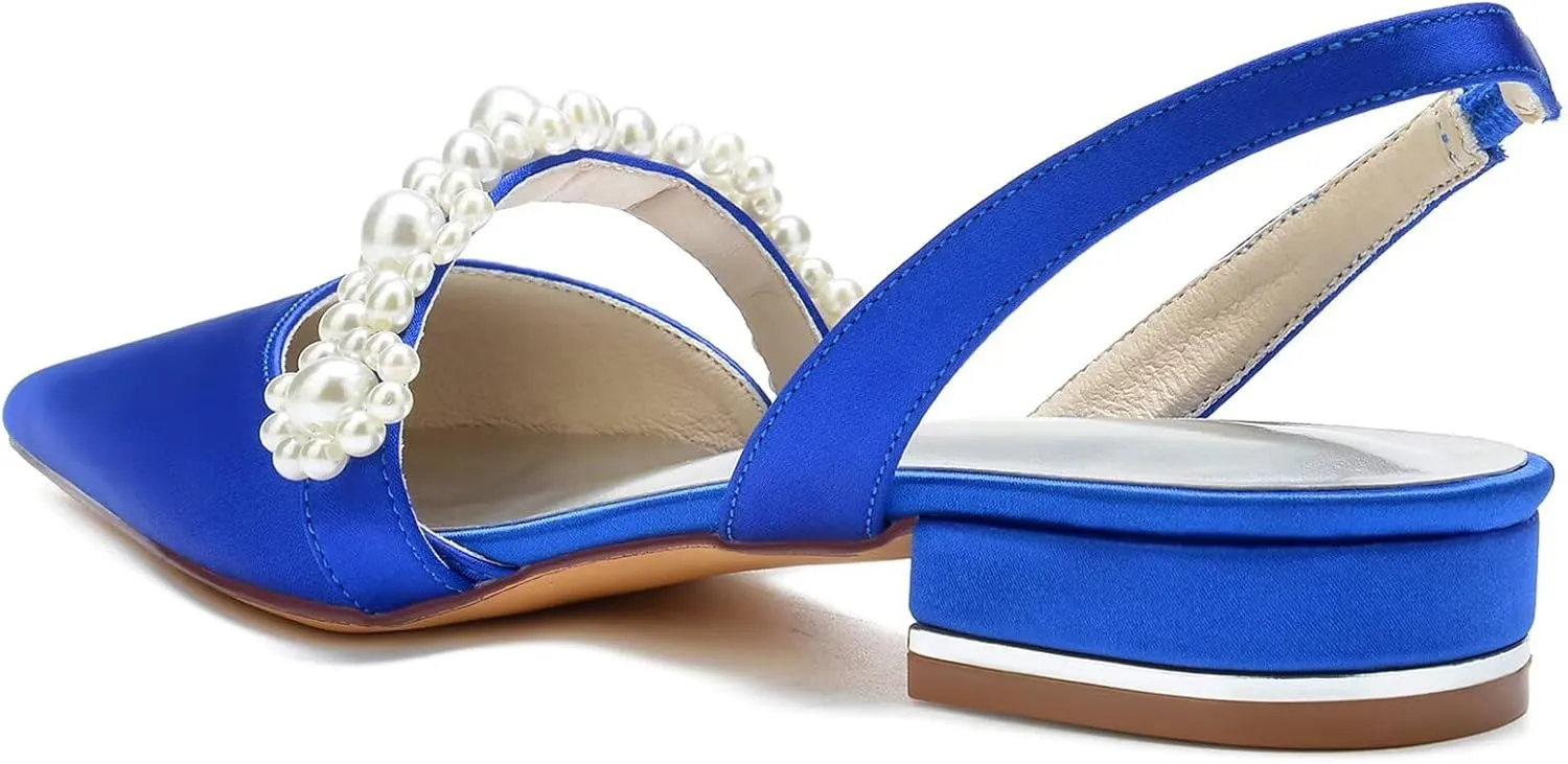 HNVAVQ Women's Slingback Satin Flat Pumps Slip On Closed Pointed Toe Sandals with Pearls Casual Office Dress Party Wedding Bridal Shoes Low Heels,2.5 cm