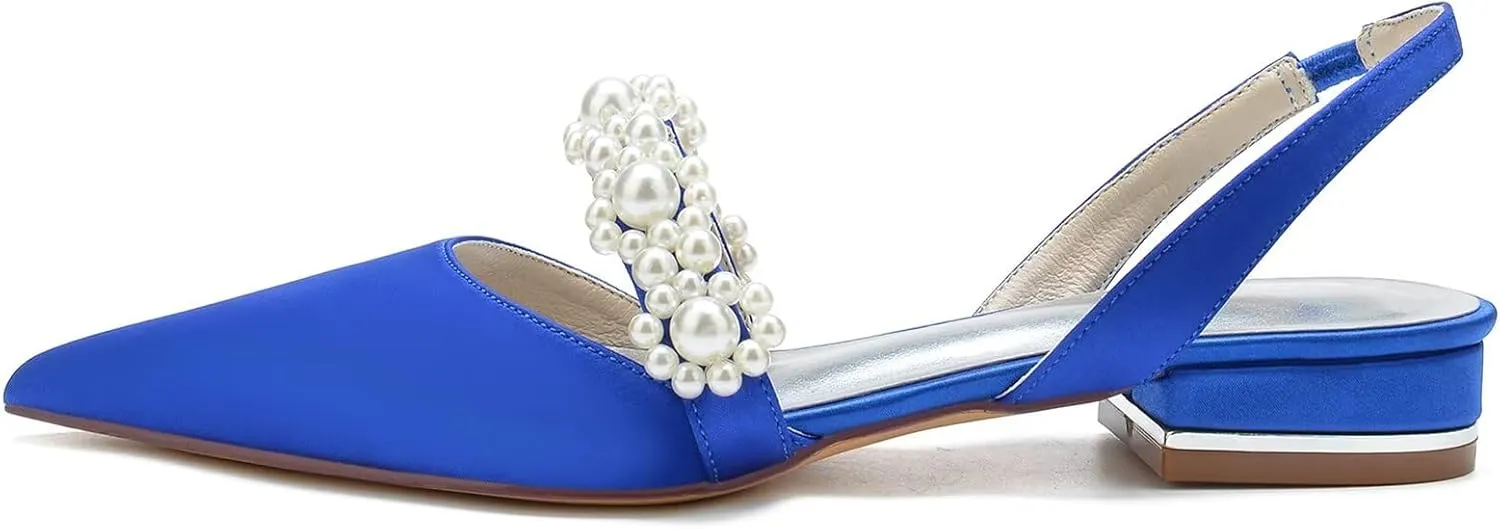 HNVAVQ Women's Slingback Satin Flat Pumps Slip On Closed Pointed Toe Sandals with Pearls Casual Office Dress Party Wedding Bridal Shoes Low Heels,2.5 cm