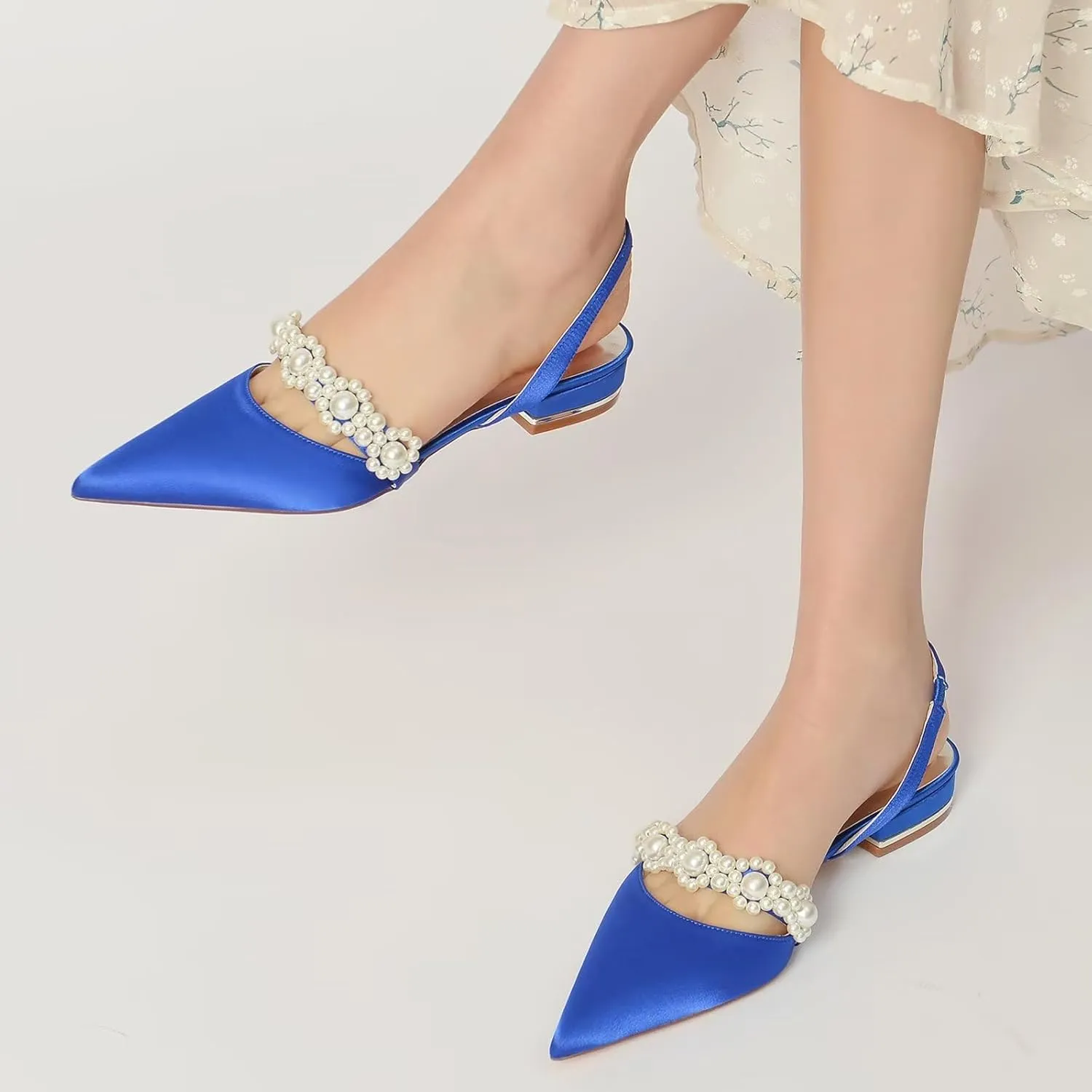HNVAVQ Women's Slingback Satin Flat Pumps Slip On Closed Pointed Toe Sandals with Pearls Casual Office Dress Party Wedding Bridal Shoes Low Heels,2.5 cm
