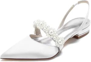 HNVAVQ Women's Slingback Satin Flat Pumps Slip On Closed Pointed Toe Sandals with Pearls Casual Office Dress Party Wedding Bridal Shoes Low Heels,2.5 cm