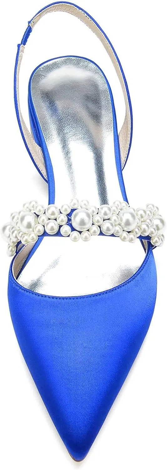HNVAVQ Women's Slingback Satin Flat Pumps Slip On Closed Pointed Toe Sandals with Pearls Casual Office Dress Party Wedding Bridal Shoes Low Heels,2.5 cm