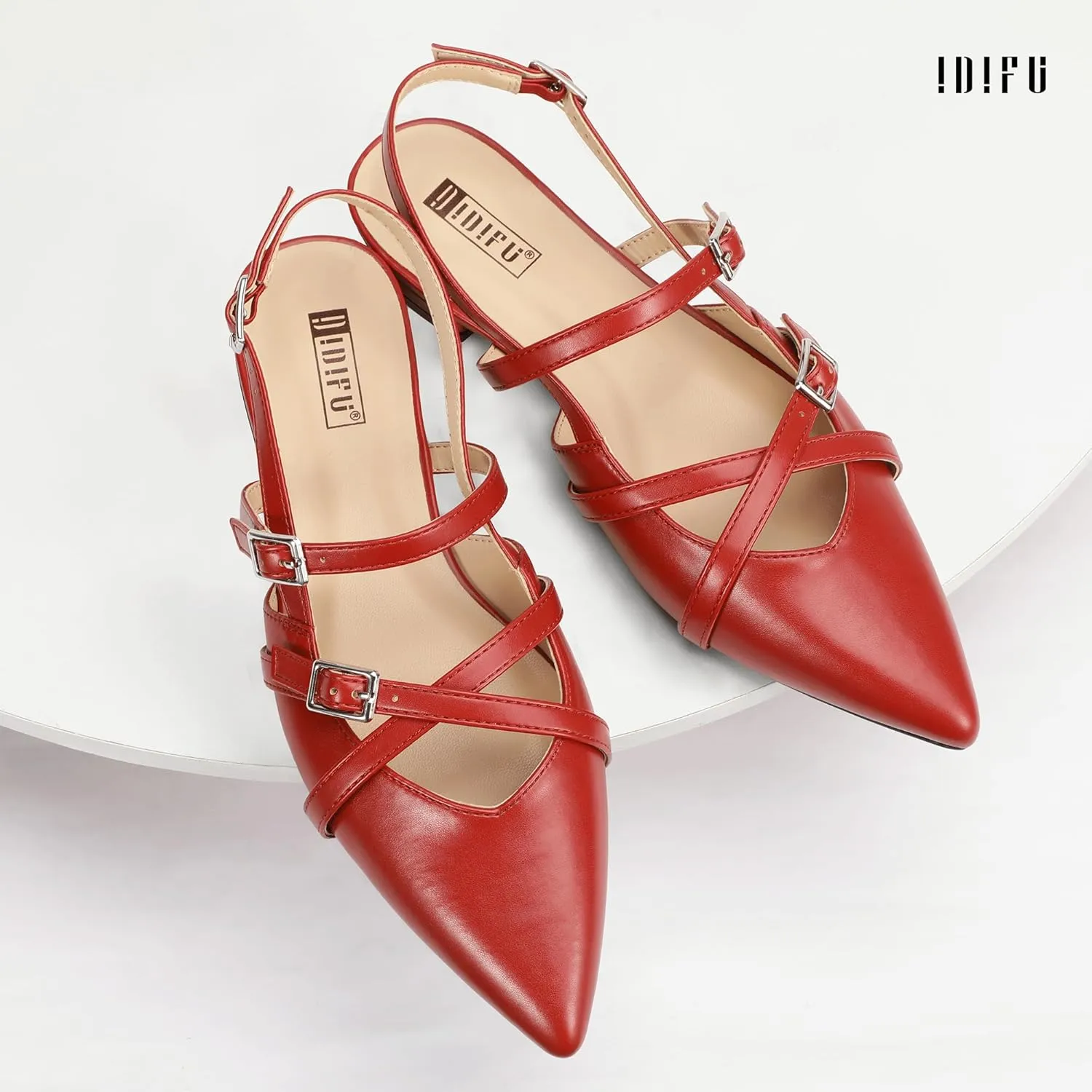 IDIFU Slingback Flats for Women Closed Pointed Toe Strappy Buckle Dress Shoes Wedding Prom Bridal Work Office Casual Formal Ladies Flats Comfortable Fashion Trendy Dressy Crisscross Flat Shoes