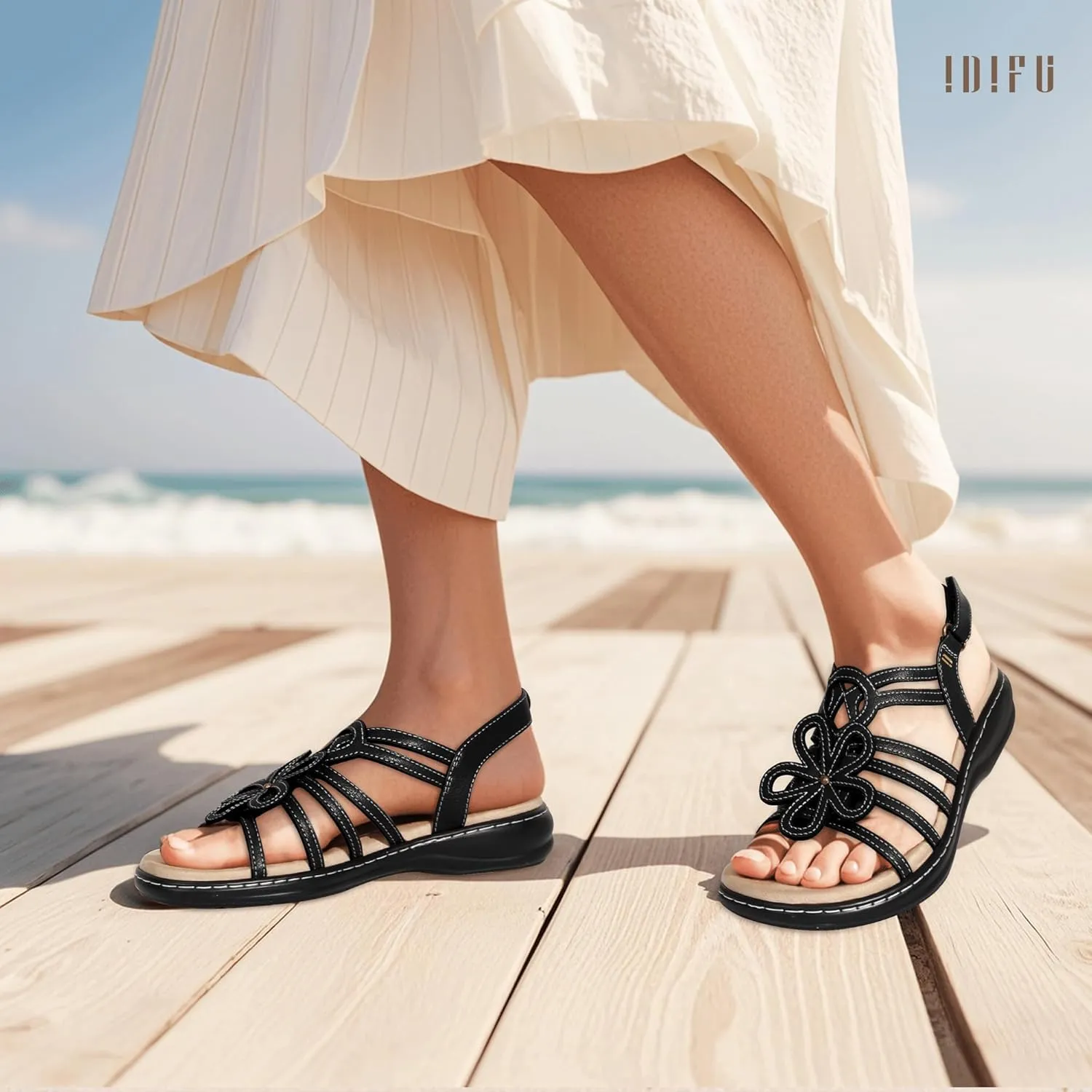 IDIFU Women's Sandals Strappy Back Strap Open Toe Slingback Sandals Summer Beach Walking Wedding Bridal Dress Sandals for Women Travel Dressy Comfortable Trendy Casual Flats Sandals - Wide Width