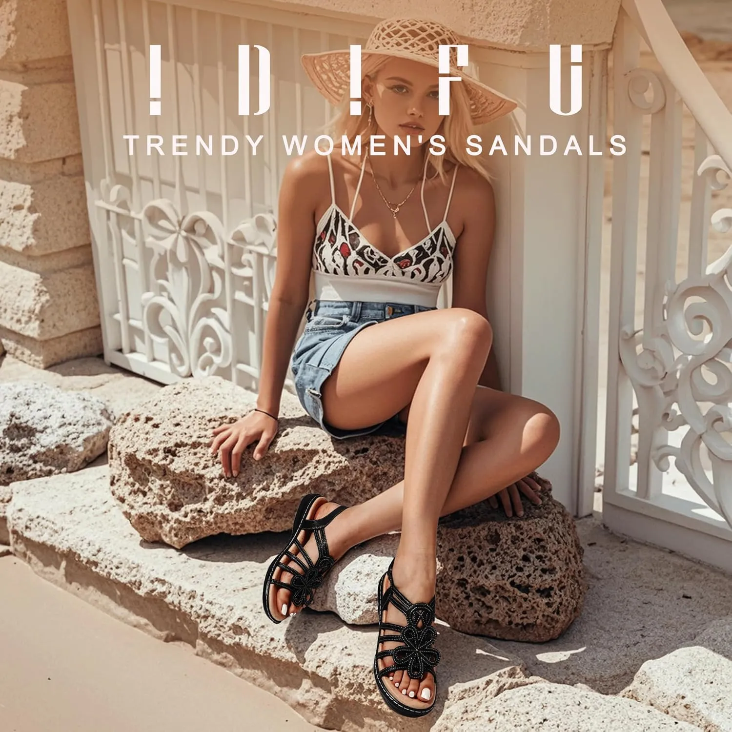IDIFU Women's Sandals Strappy Back Strap Open Toe Slingback Sandals Summer Beach Walking Wedding Bridal Dress Sandals for Women Travel Dressy Comfortable Trendy Casual Flats Sandals - Wide Width
