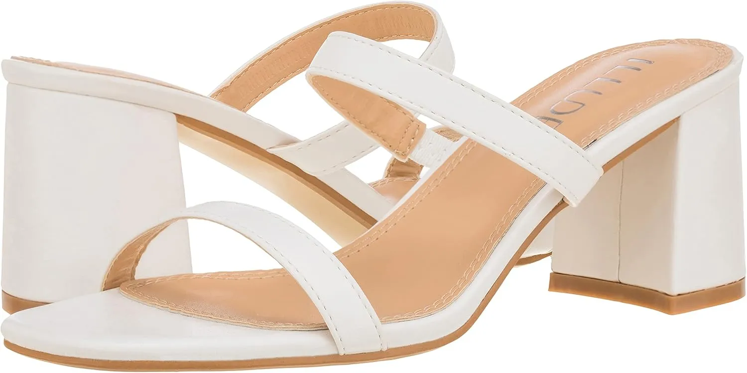 ILLUDE Women’s Block Heel Double Band Square Toe Heeled Sandal Slip On Mule - Lisa