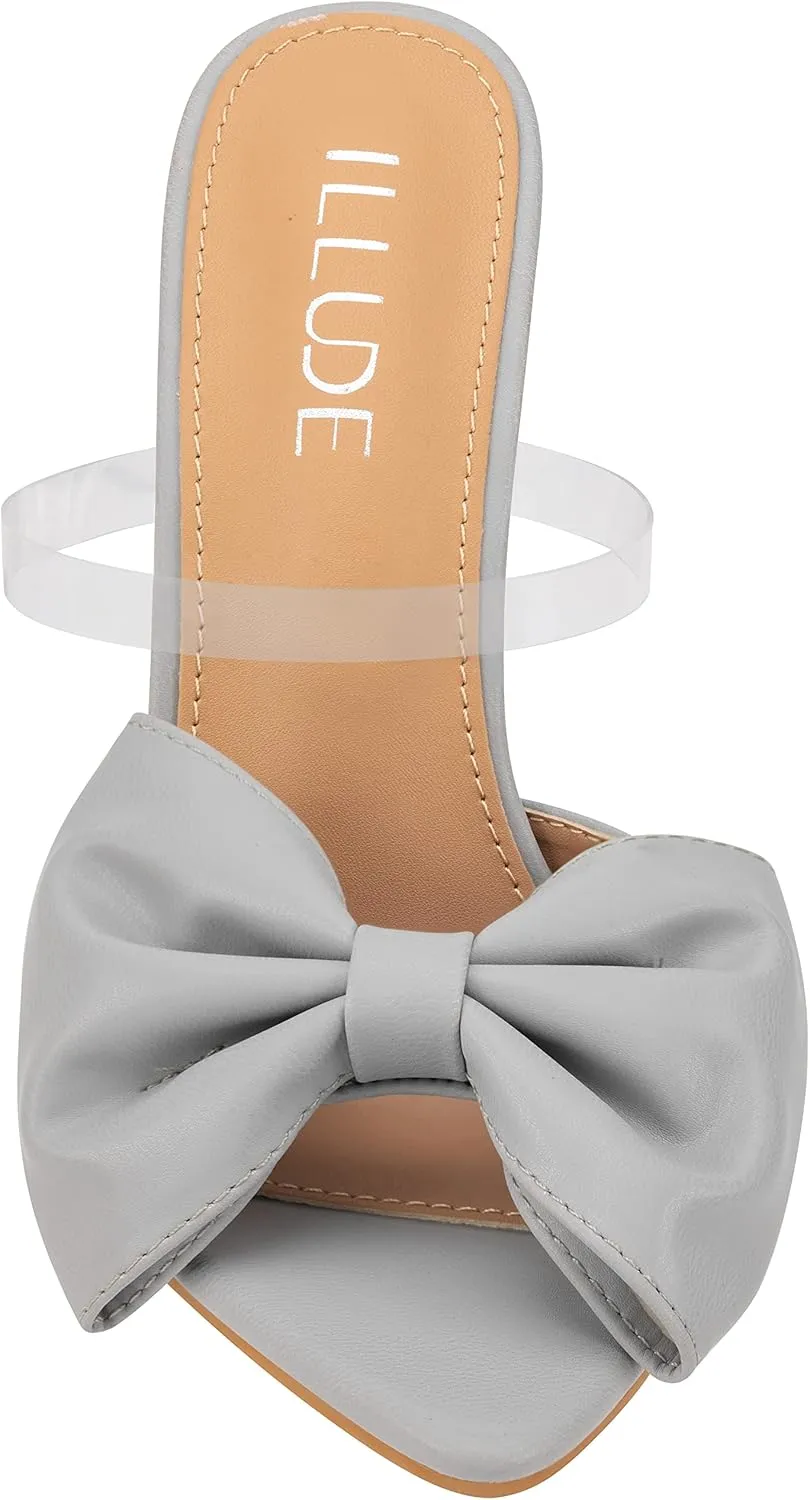 ILLUDE Women’s Chunky Block Heel with Bow Clear Pointed Toe Heeled Sandal Slip On Mule - Rosa