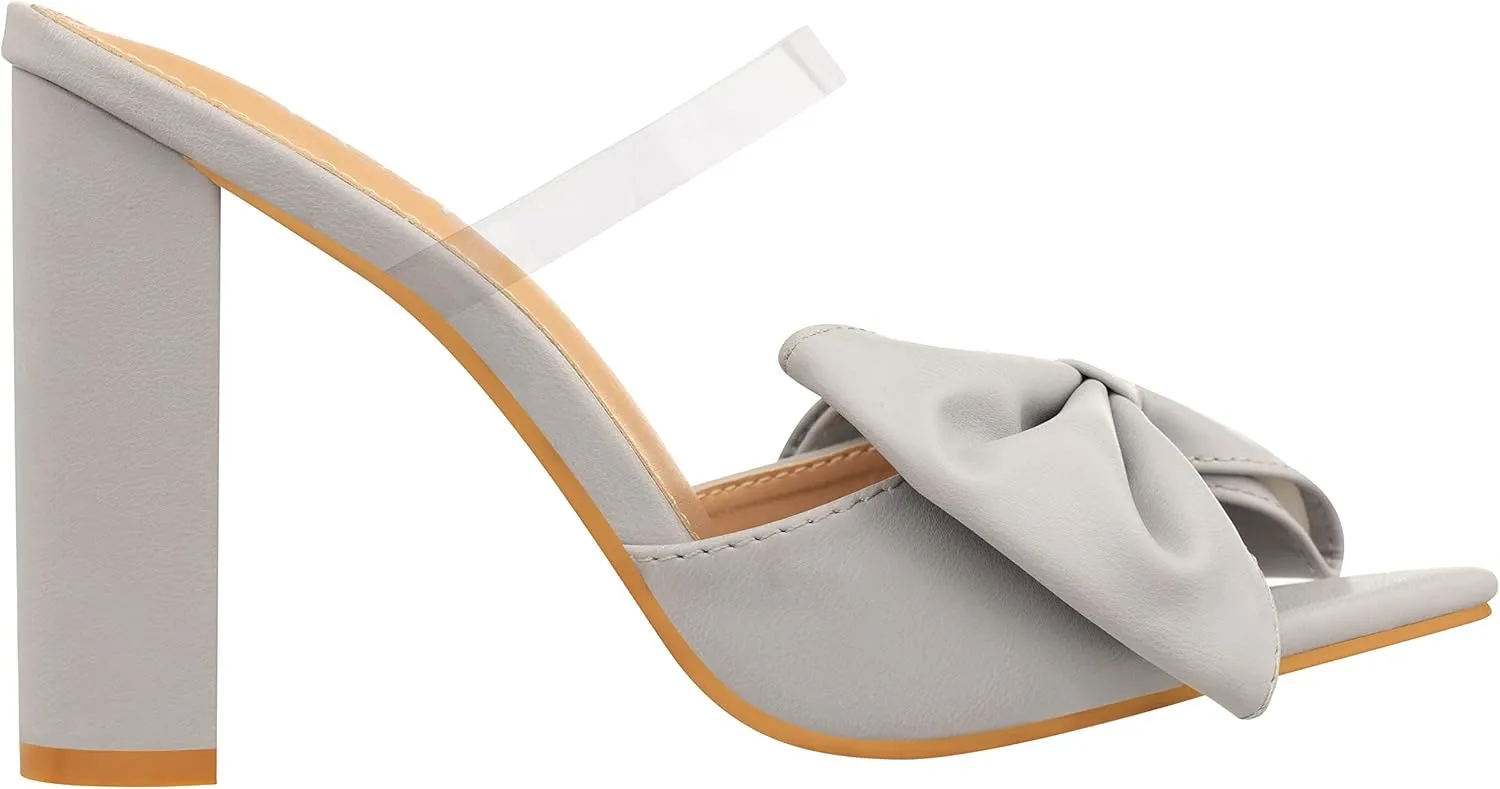 ILLUDE Women’s Chunky Block Heel with Bow Clear Pointed Toe Heeled Sandal Slip On Mule - Rosa