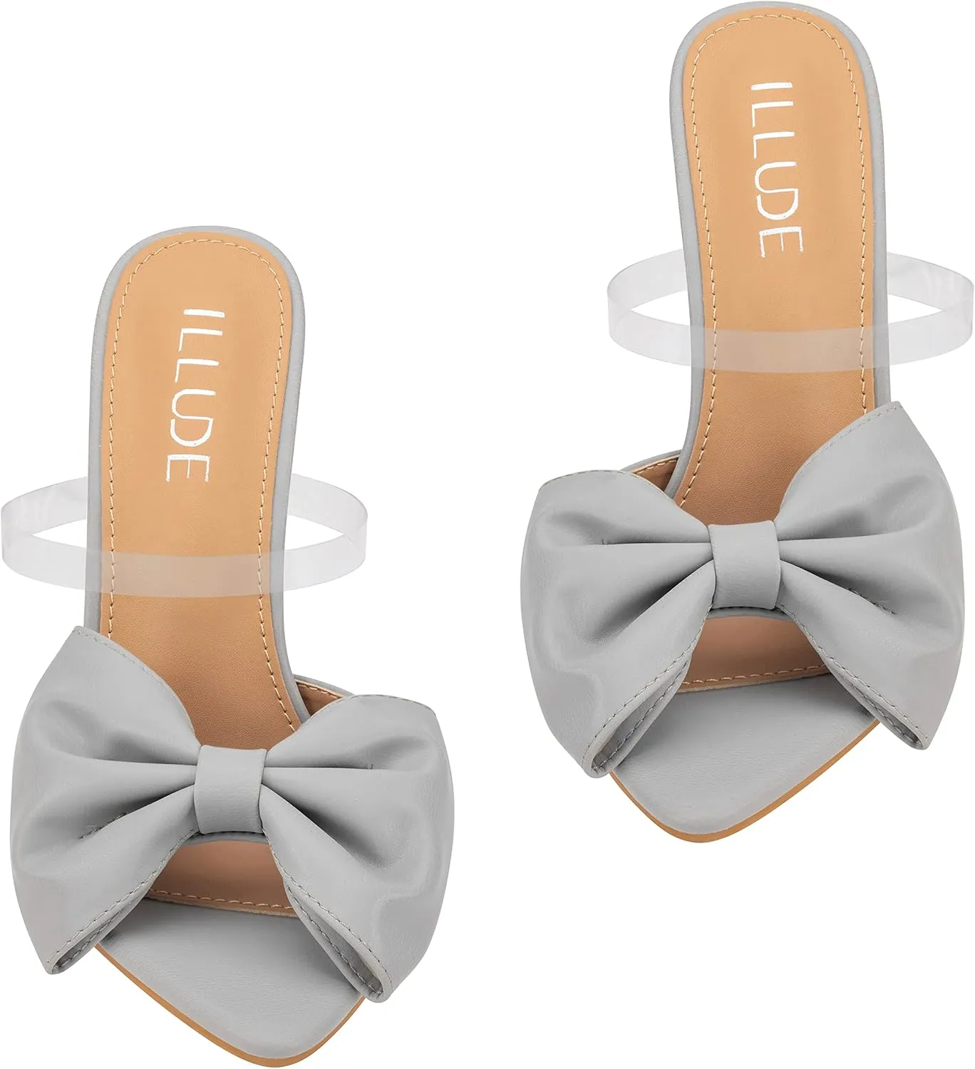 ILLUDE Women’s Chunky Block Heel with Bow Clear Pointed Toe Heeled Sandal Slip On Mule - Rosa