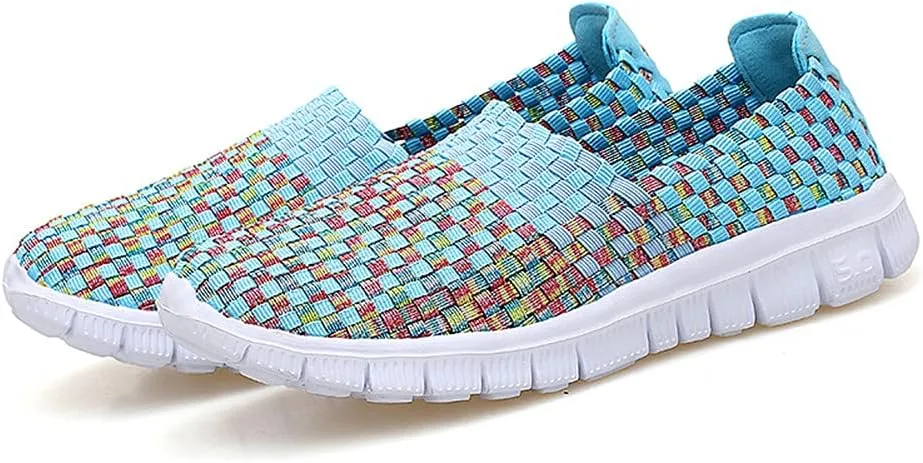 JOYVIP Womens Multicolor Woven Elastic Shoes Handmade Slip On Sneakers Flat Sandals