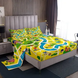 Manfei Rustic Countryside Bed Sheet Set Twin Size,Suburb House Tree River Hand Graffiti Sheet Set,Yellow Nature Roadway Landscape Bedding Set with 1 Flat & 1 Fitted Sheet with 1 Pillow
