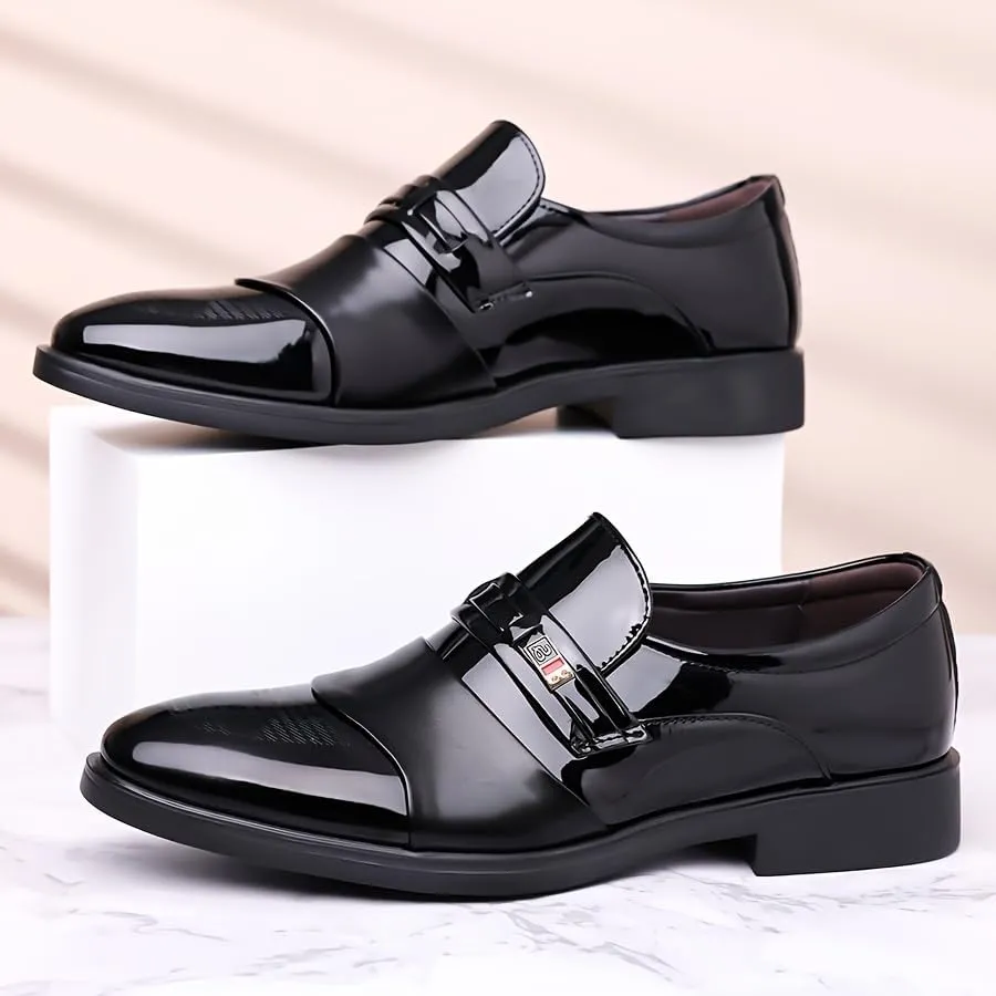 Men's Glossy Finish Dress Shoes - Business Casual Style, Solid Color, Pointed Toe, Slip-On Design, Rubber Sole, Comfortable for Work & Social Event