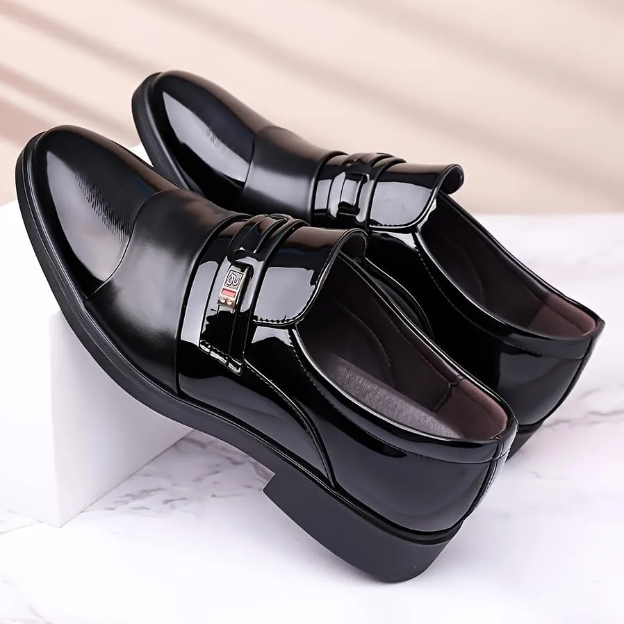 Men's Glossy Finish Dress Shoes - Business Casual Style, Solid Color, Pointed Toe, Slip-On Design, Rubber Sole, Comfortable for Work & Social Event