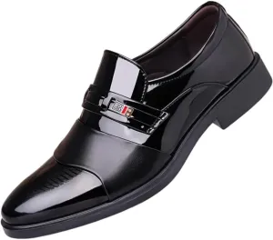 Men's Glossy Finish Dress Shoes - Business Casual Style, Solid Color, Pointed Toe, Slip-On Design, Rubber Sole, Comfortable for Work & Social Event
