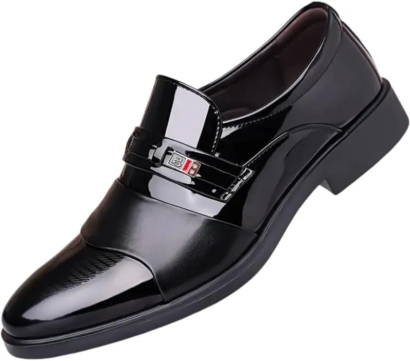 Men's Glossy Finish Dress Shoes - Business Casual Style, Solid Color, Pointed Toe, Slip-On Design, Rubber Sole, Comfortable for Work & Social Event