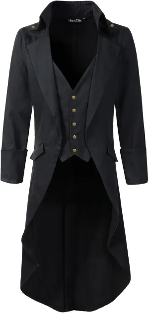 Mens Gothic Tailcoat Jacket Black Steampunk VTG Victorian High Collar Coat