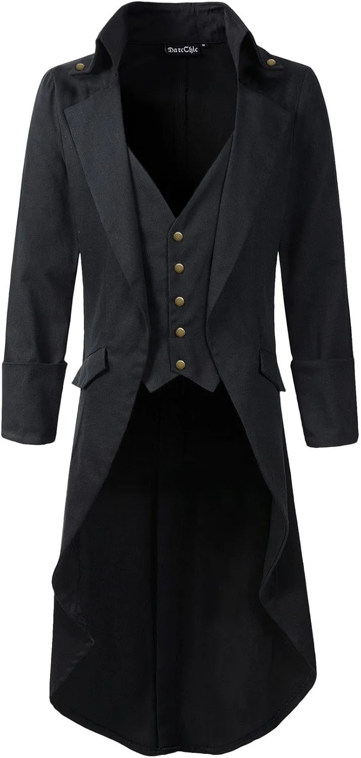 Mens Gothic Tailcoat Jacket Black Steampunk VTG Victorian High Collar Coat