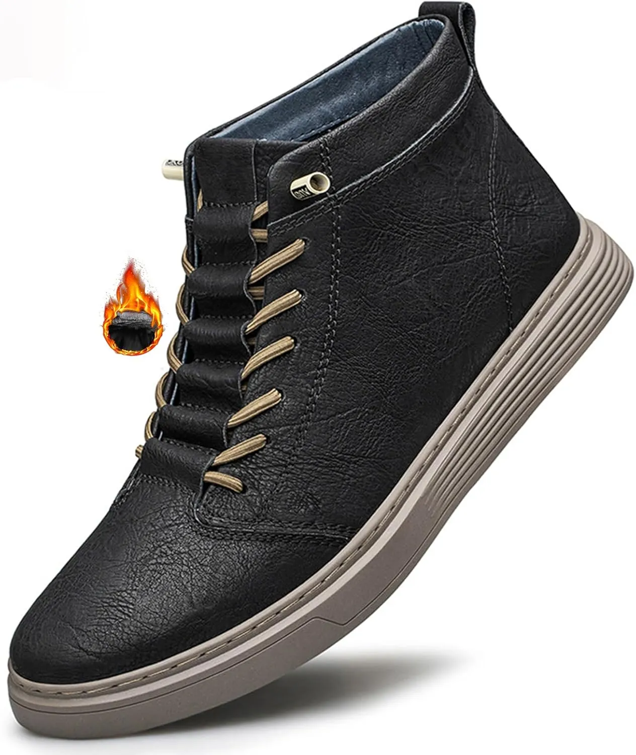 Men's Leather Embossed Flat High-Top Sneakers Autumn Plus Velvet Comfortable Warm Flat Non-Slip Lace-Up Chukka Boots Simple Fashion Walking Sports