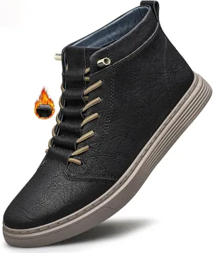 Men's Leather Embossed Flat High-Top Sneakers Autumn Plus Velvet Comfortable Warm Flat Non-Slip Lace-Up Chukka Boots Simple Fashion Walking Sports