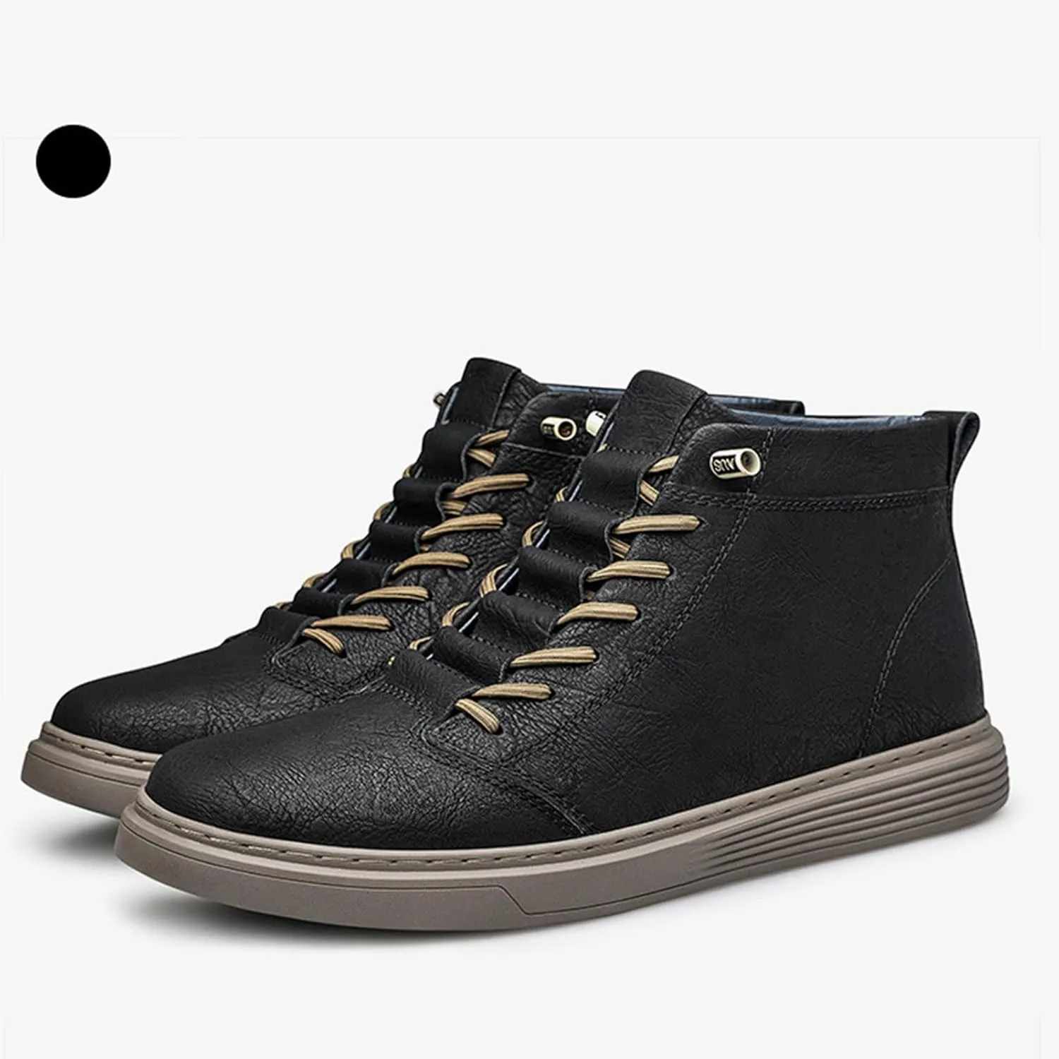 Men's Leather Embossed Flat High-Top Sneakers Autumn Plus Velvet Comfortable Warm Flat Non-Slip Lace-Up Chukka Boots Simple Fashion Walking Sports