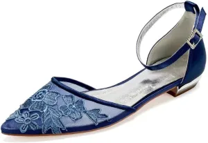 Mesh Appliques Wedding Flats for Bride Pointed Toe Tie up Bridesmaids Shoes