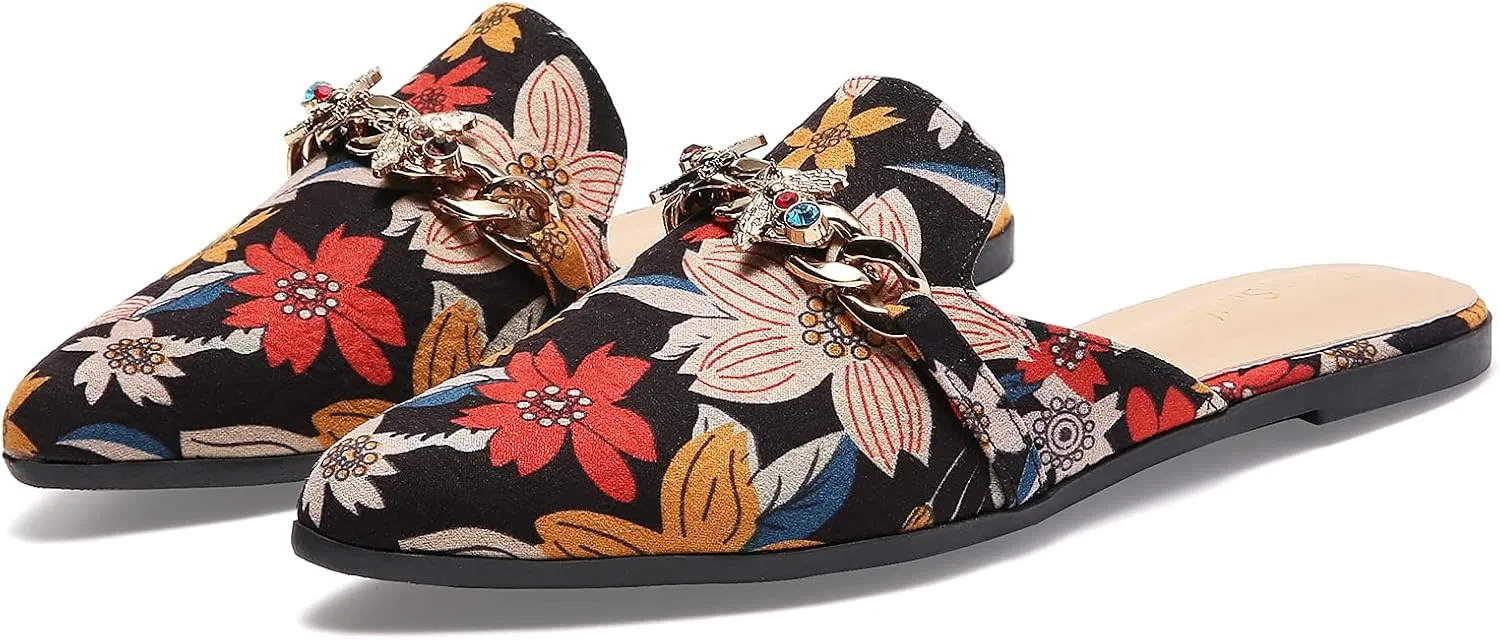 Metal Bee Decor Flat Mules for Women Closed Pointed Toe Slip on Loafers Slides Backless Mules Shoes