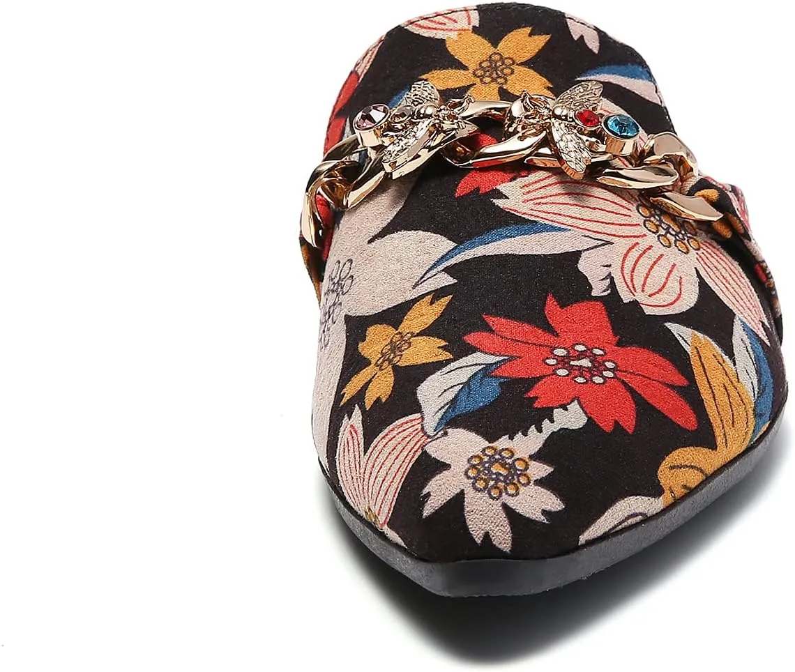 Metal Bee Decor Flat Mules for Women Closed Pointed Toe Slip on Loafers Slides Backless Mules Shoes