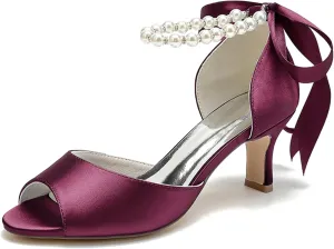 Minishion Low Heel Wedding Sandals for Women Beaded Evening Prom Shors with Ribbon MS301