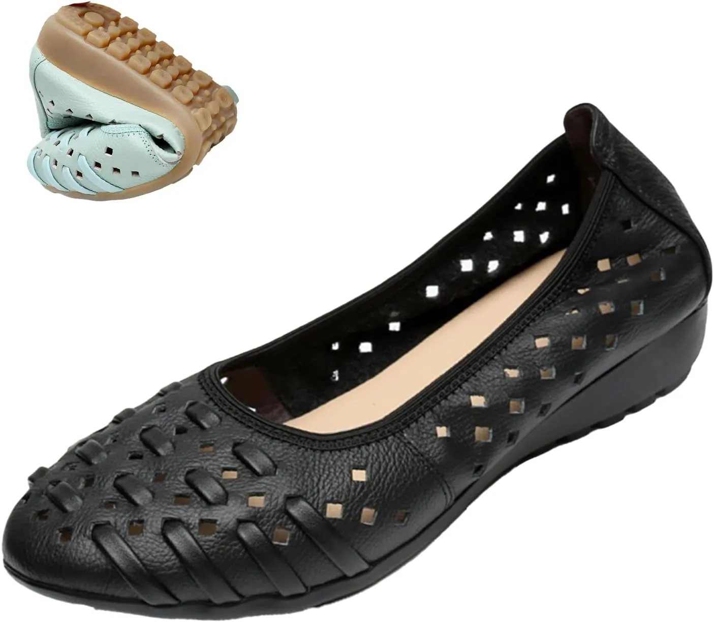 MOYOWEI Women's Summer Comfort Woven Leather Flats,Pointed Closed Toe Hollow Non-slip Soft Sole Slip-on Walking Casual Shoes