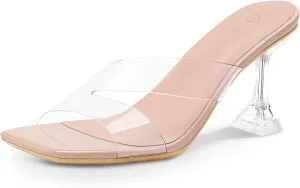 mysoft Women's Clear Heeled Sandals Square Toe Transparent Stiletto Mules Open Toe Slip on Dress Shoes