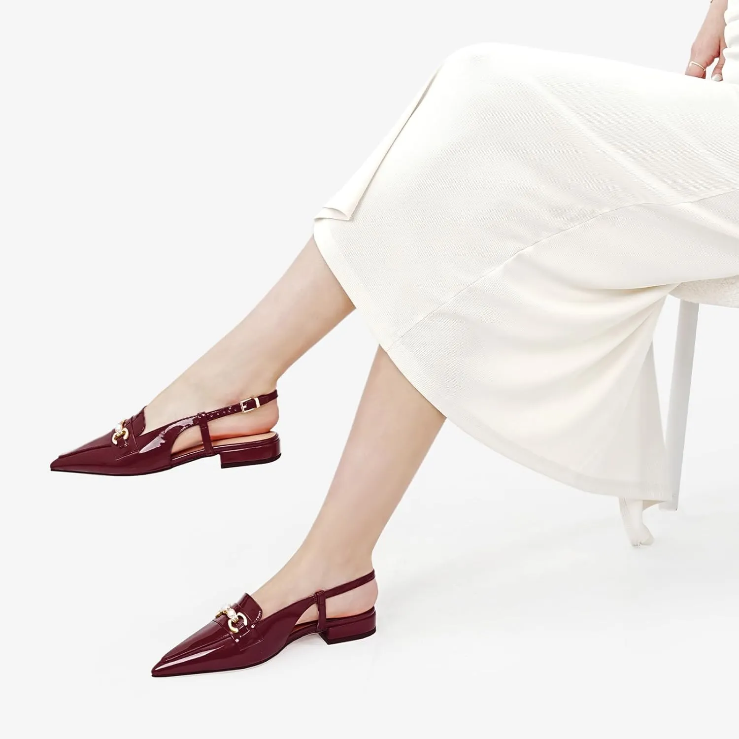 Oh Mispares Slingback Flats for Women Closed Pointed Toe Low Heel Flat Sandals with Pearl Slip On Gold Flats Shoes for Women Wedding Office Causal