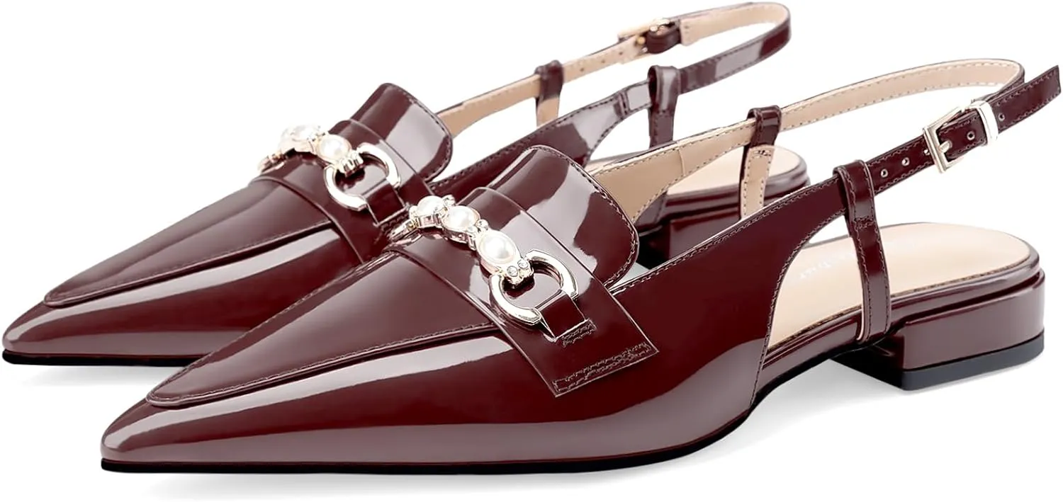 Oh Mispares Slingback Flats for Women Closed Pointed Toe Low Heel Flat Sandals with Pearl Slip On Gold Flats Shoes for Women Wedding Office Causal