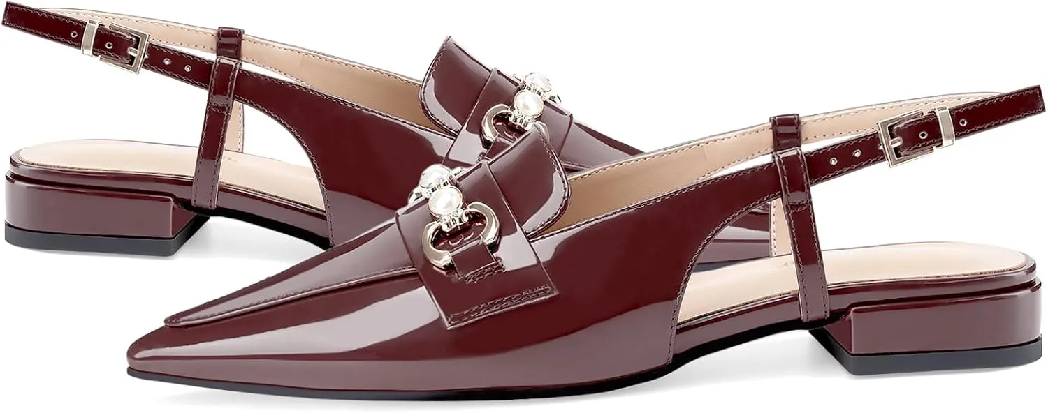 Oh Mispares Slingback Flats for Women Closed Pointed Toe Low Heel Flat Sandals with Pearl Slip On Gold Flats Shoes for Women Wedding Office Causal