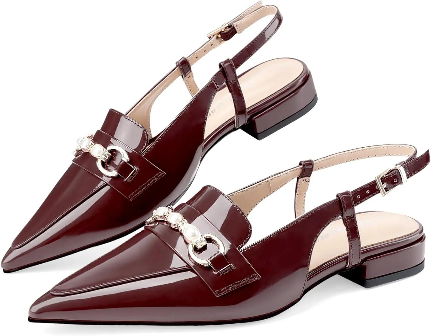 Oh Mispares Slingback Flats for Women Closed Pointed Toe Low Heel Flat Sandals with Pearl Slip On Gold Flats Shoes for Women Wedding Office Causal
