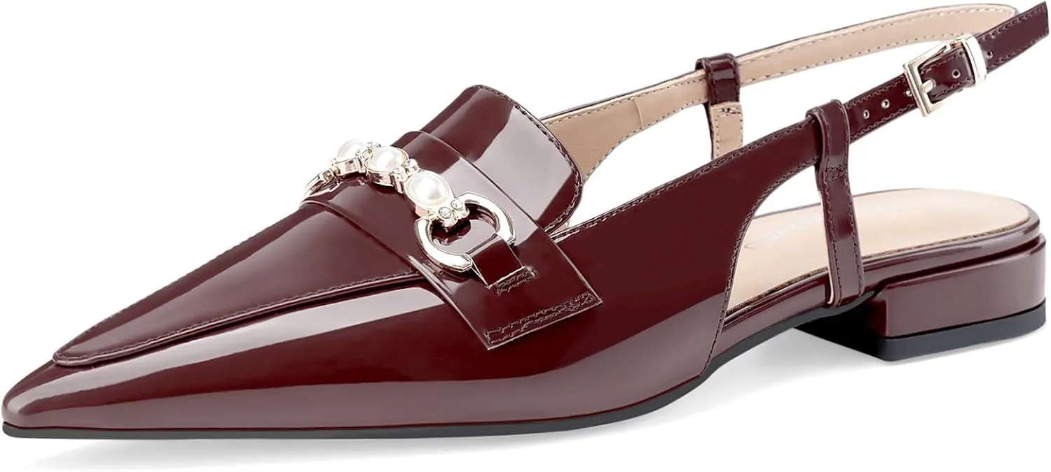 Oh Mispares Slingback Flats for Women Closed Pointed Toe Low Heel Flat Sandals with Pearl Slip On Gold Flats Shoes for Women Wedding Office Causal