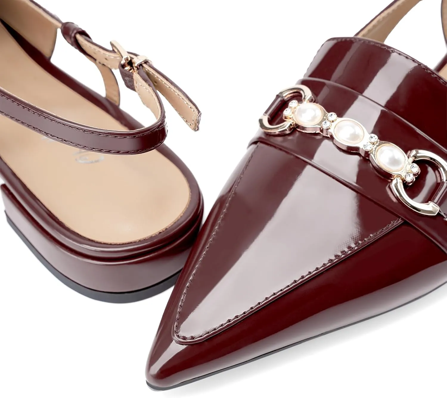 Oh Mispares Slingback Flats for Women Closed Pointed Toe Low Heel Flat Sandals with Pearl Slip On Gold Flats Shoes for Women Wedding Office Causal