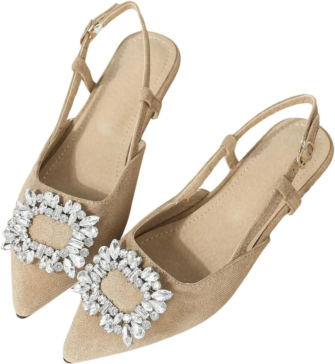 OYOANGLE Women's Rhinestone Decor Pointed Toe Slingback Flats Faux Suede Dress Sandals