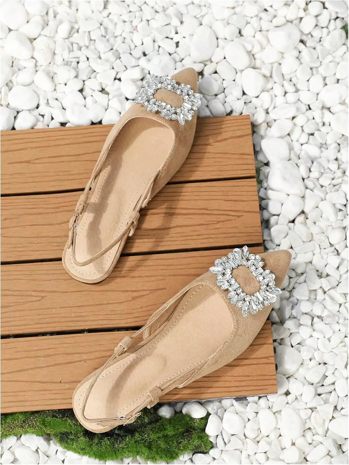 OYOANGLE Women's Rhinestone Decor Pointed Toe Slingback Flats Faux Suede Dress Sandals