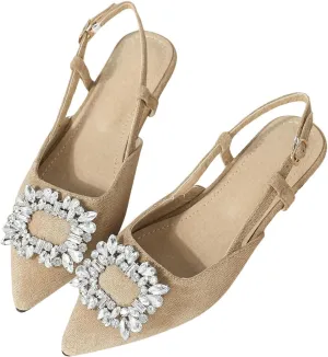OYOANGLE Women's Rhinestone Decor Pointed Toe Slingback Flats Faux Suede Dress Sandals