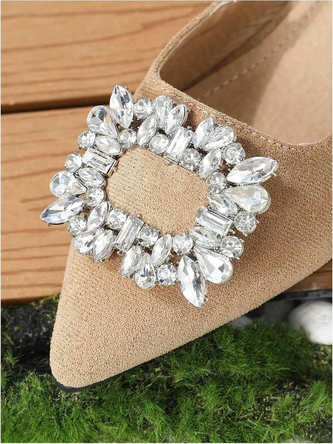 OYOANGLE Women's Rhinestone Decor Pointed Toe Slingback Flats Faux Suede Dress Sandals