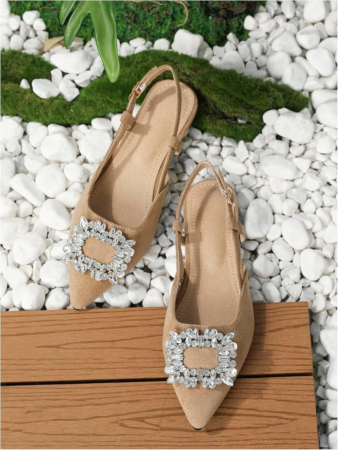OYOANGLE Women's Rhinestone Decor Pointed Toe Slingback Flats Faux Suede Dress Sandals