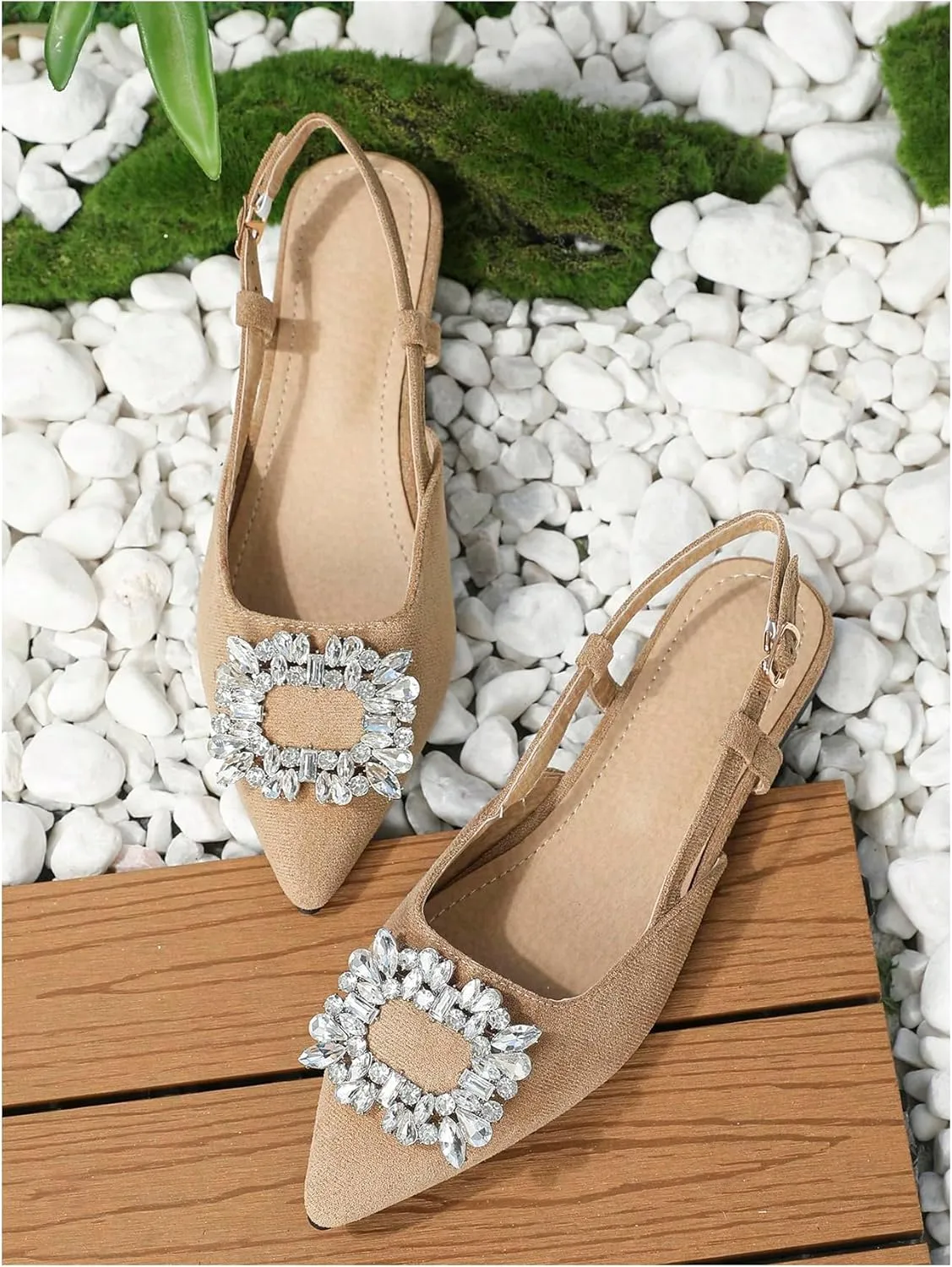 OYOANGLE Women's Rhinestone Decor Pointed Toe Slingback Flats Faux Suede Dress Sandals