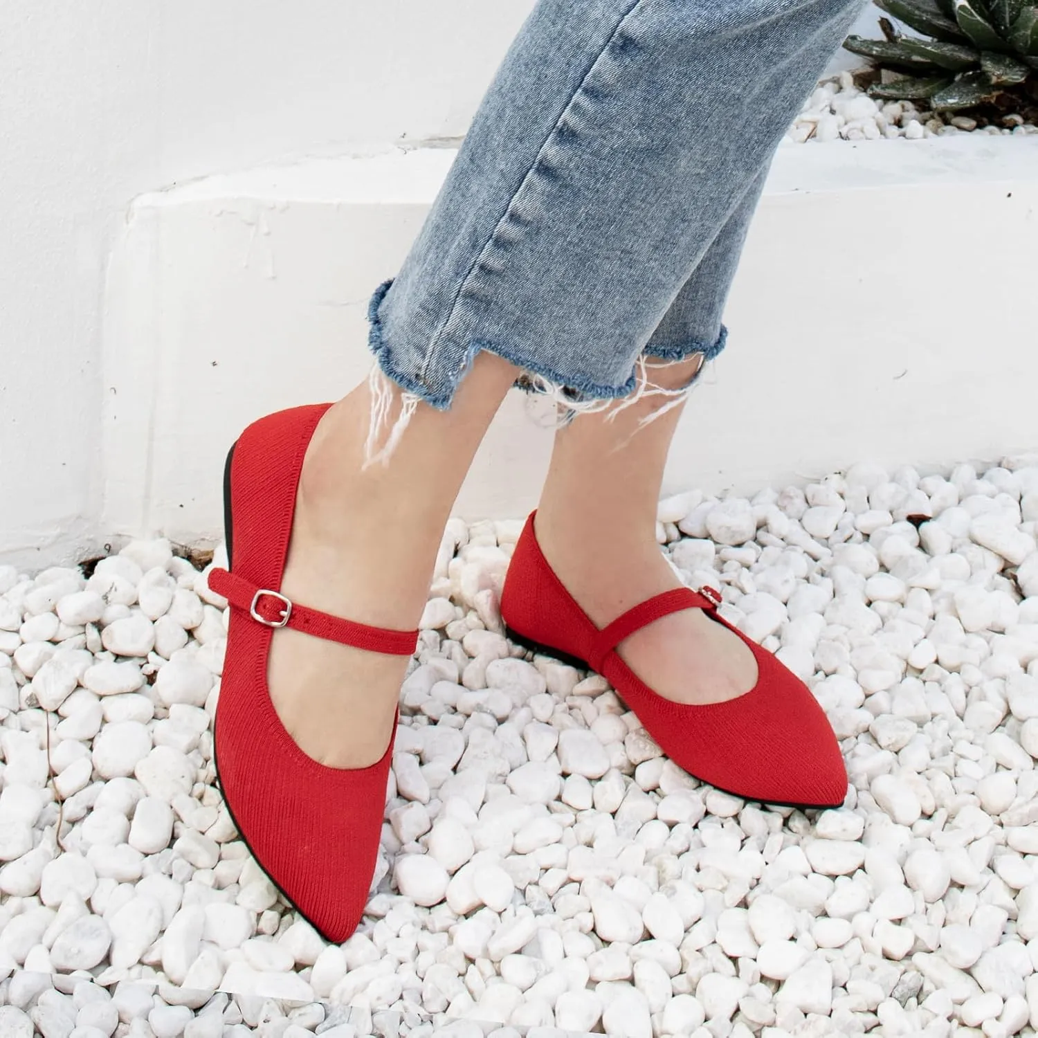 Pointed Toe Flats Knit Ballet Flat Shoes for Women Comfortable with Adjustable Strap,Washable Dressy Casual Flats for Work Office