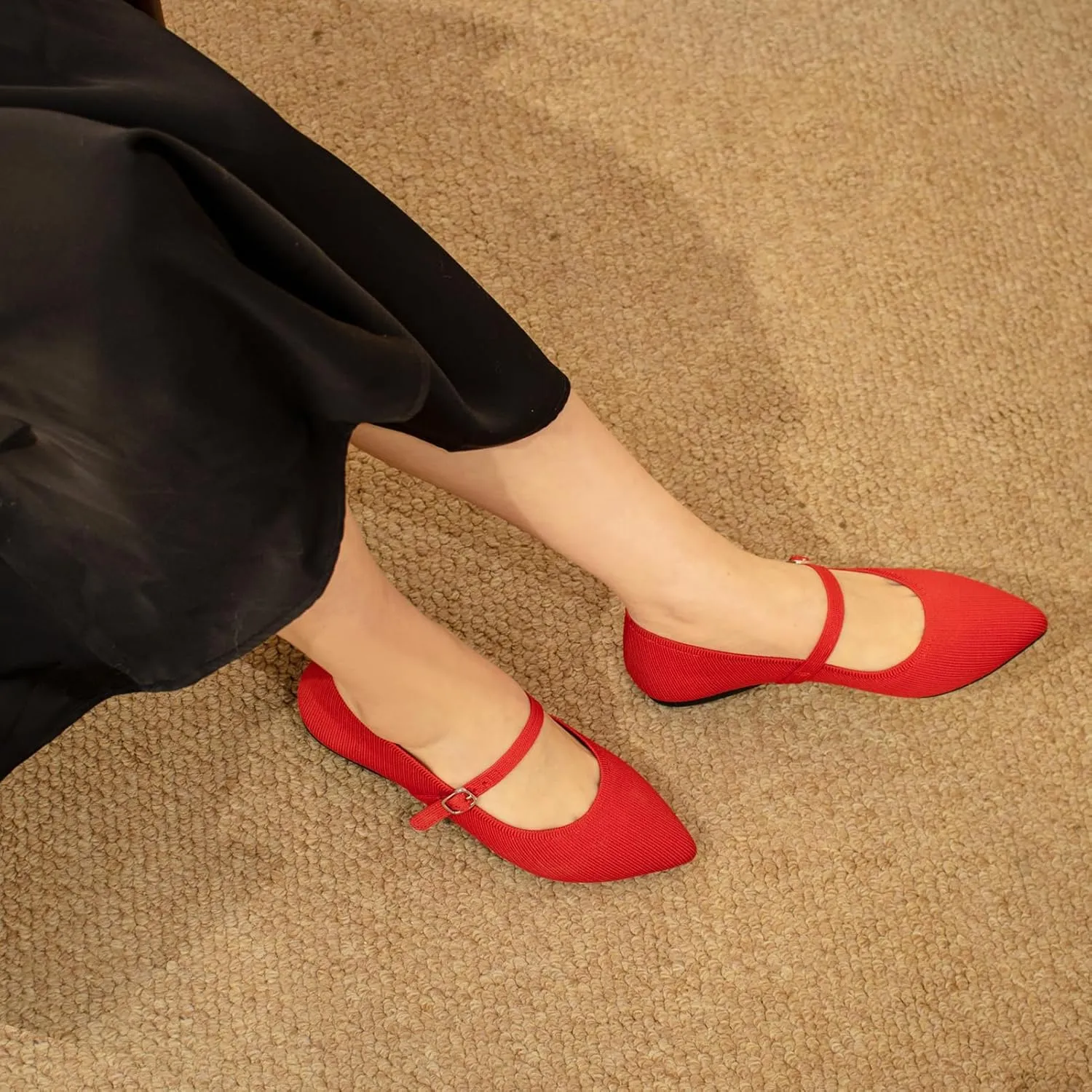 Pointed Toe Flats Knit Ballet Flat Shoes for Women Comfortable with Adjustable Strap,Washable Dressy Casual Flats for Work Office
