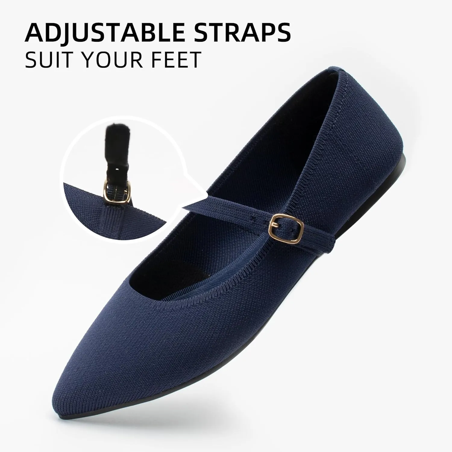 Pointed Toe Flats Knit Ballet Flat Shoes for Women Comfortable with Adjustable Strap,Washable Dressy Casual Flats for Work Office